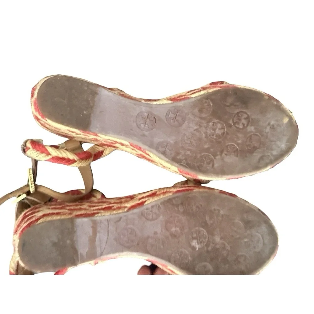 Tory Burch Camelia Jute Espadrille Wedge Sandals Size 11 red tan